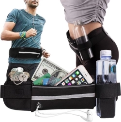 Ζώνη μέσης για τρέξιμο με θήκη για μπουκάλι, ανακλαστική λωρίδα και δίοδο για ακουστικά – μαύρη