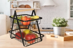 Διόροφη μεταλλική φρουτιέρα με ξύλινη λαβή, μαύρη