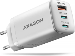 Φορτιστής δικτύου AXAGON GaN 65W, 3 θύρες (USB‑A + διπλό USB‑C) PD 3.0/QC 4+/PPS, λευκός