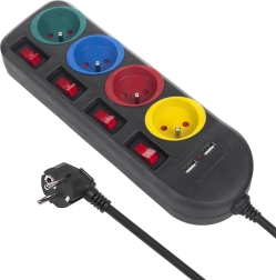 Πολύπριζο με διακόπτες 4 πρίζες + 2xUSB μαύρο