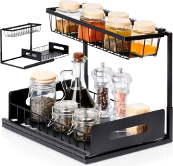 Διόροφη κουζινική ραφιέρα με συρόμενο συρτάρι, μεταλλική, μαύρη 36 × 27 × 28,5 cm