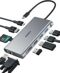 Αλουμινένιο hub USB‑C 10σε1 με Ethernet, HDMI 4K, VGA, αναγνώστη καρτών και PD 100 W AUKEY