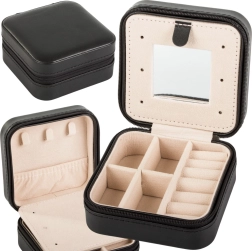 Ταξιδιωτική θήκη κοσμημάτων με διαχωριστικά και καθρέφτη, μαύρη, 10 × 10 × 5 cm