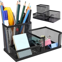 Μαύρος μεταλλικός επιτραπέζιος οργανωτής με δίχτυ και 3 θήκες