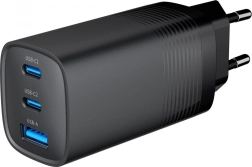 Μαύρος φορτιστής USB 65W GaN με 1x USB-A και 2x θύρες USB-C