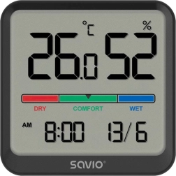 Ψηφιακό θερμόμετρο και υγρόμετρο SAVIO με LCD, ρολόι και ημερομηνία, μαγνητική βάση στήριξης – Μαύρο