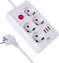Πολύπριζο επέκτασης με 4 πρίζες και 3× USB, 2500 W, 1,5 m, λευκό