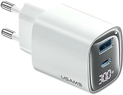 Φορτιστής δικτύου 30W GaN με οθόνη LED USB + USB‑C λευκός