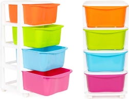 Πολύχρωμος πλαστικός οργανωτής με τέσσερα συρτάρια πάνω σε ροδάκια