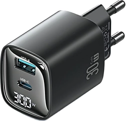Φορτιστής τοίχου 30W GaN με οθόνη LED USB + USB‑C USAMS CC229, μαύρος