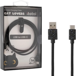 Καλώδιο φόρτισης USB‑C με μαύρη γάτα και λουράκι σιλικόνης για ρύθμιση μήκους