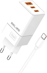 Φορτιστής πρίζας 65W GaN 2x USB‑C + USB‑A με καλώδιο USB‑C – Λευκό