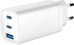 Ταχυφορτιστής GaN 65 W με Power Delivery, 2× USB‑C και 1× USB‑A, λευκός