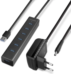 USB 3.2 Gen 1 hub AXAGON με 7 θύρες και φόρτιση, αλουμινένιο, με αντάπτορα