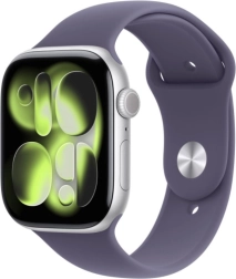 Apple Watch Series 11 GPS 46 mm ασημί αλουμίνιο με μωβ αθλητικό λουράκι S/M