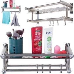 Κρεμαστή ραφιέρα μπάνιου με γάντζους και διπλή μπάρα για πετσέτες, αλουμίνιο, ασημί