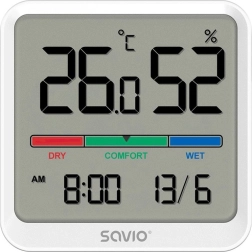 Ψηφιακό θερμόμετρο και υγρόμετρο SAVIO με LCD, ρολόι και ημερομηνία, μαγνητική βάση στήριξης – Λευκό