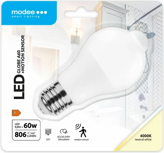 Modee Lighting έξυπνη LED λάμπα A60 8,8 W E27, ουδέτερο λευκό με αισθητήρα κίνησης PIR