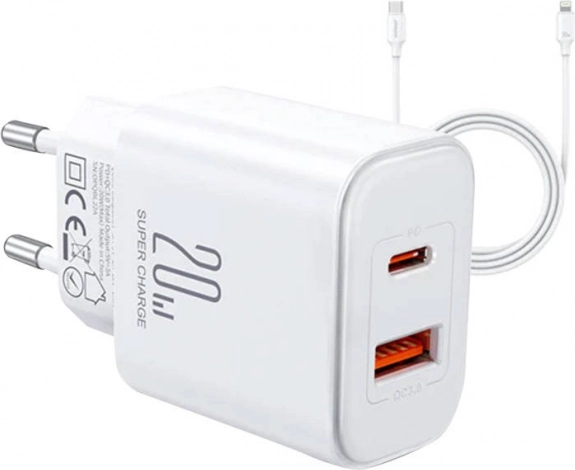 Joyroom Flash φορτιστής τοίχου 20 W με δύο εξόδους + καλώδιο USB-C σε Lightning 1 m λευκό