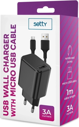 Φορτιστής πρίζας SETTY 1x USB 3A μαύρος + καλώδιο microUSB 1 m