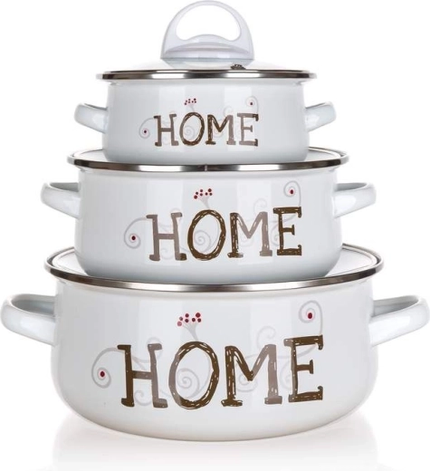 Σετ εμαγιέ κατσαρόλες BANQUET Home, 6 τεμ., λευκές με γυάλινα καπάκια