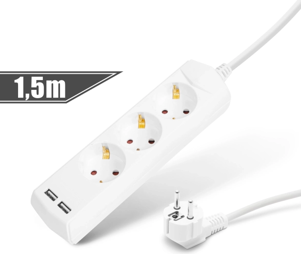 Καλώδιο προέκτασης με 3 πρίζες και 2 θύρες USB, 1,5 m