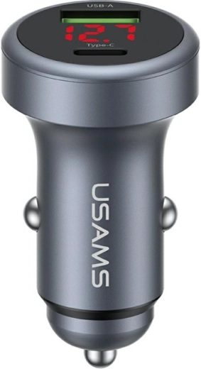 Αλουμινένιος φορτιστής αυτοκινήτου USAMS 45 W USB-A + USB-C με LED