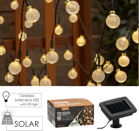 Ηλιακή γιρλάντα κήπου BUBBLE 100 LED, θερμό λευκό, 11,9 m