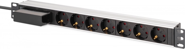 PDU μπάρα τροφοδοσίας για rack 19" με διακόπτη και μικροαυτόματο C 16 A, 7× Schuko, καλώδιο 1,8 m, αλουμίνιο