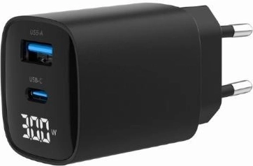 Ταχυφορτιστής GaN 30 W με USB‑C και USB‑A, οθόνη LCD, μαύρος