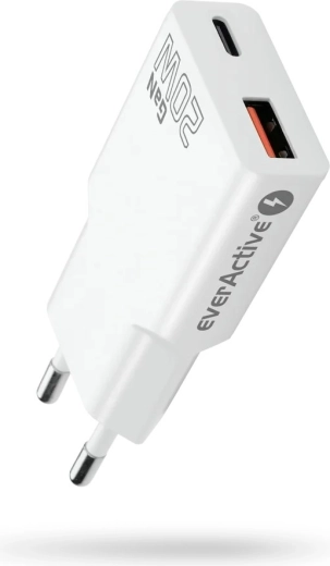 Φορτιστής πρίζας everActive GaN Super Slim 20 W με USB‑C PD και USB‑A QC 3.0