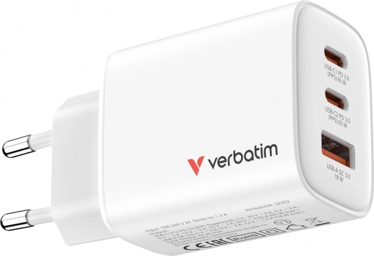 Verbatim essentials φορτιστής GaN 65 W (2× USB-C PD 3.0 + 1× USB-A QC 3.0), EU, λευκός