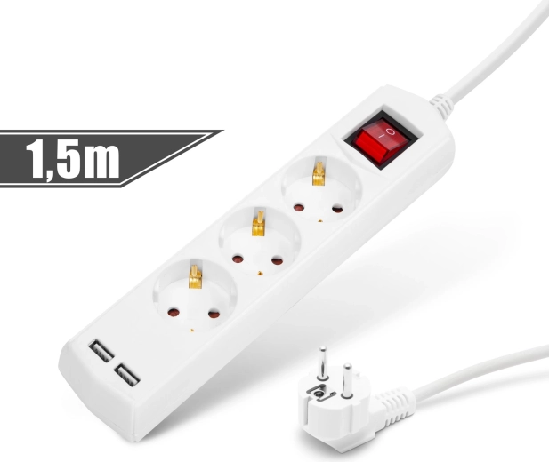 Καλώδιο προέκτασης με 3 πρίζες, 2 θύρες USB και διακόπτη, 1,5 m