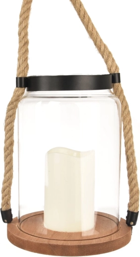 Καφέ γυάλινο-ξύλινο LED κηροπήγιο (φανάρι) 23 cm