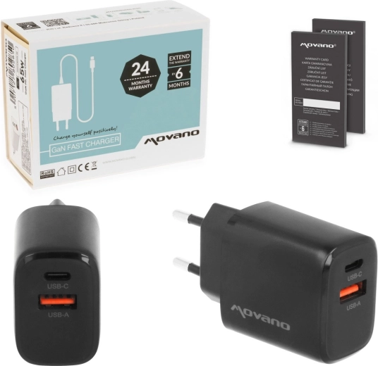 Φορτιστής πρίζας Movano GaN 30 W (USB‑C PD + USB‑A), μαύρος