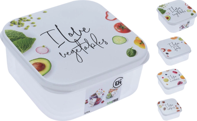 Σετ τετράγωνων δοχείων τροφίμων με σχέδιο, 4 τεμ. (0,3 l + 0,45 l + 0,65 l + 1 l)