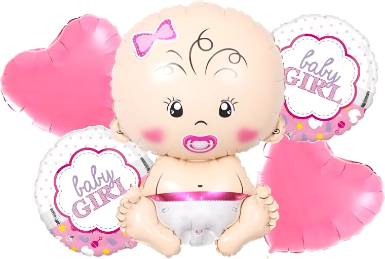 Μπαλόνια για baby shower κοριτσιού – σετ 5 τεμ. με αστεράκια και μοτίβο μωρού