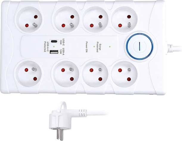 Solight προστασία από υπέρταση με 8 πρίζες και USB-A/USB-C, 2 m, λευκή