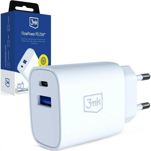 3mk FlowPower φορτιστής πρίζας 25 W USB‑C/USB‑A λευκός