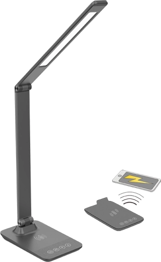 Solight LED ρυθμιζόμενο επιτραπέζιο φωτιστικό με ασύρματη φόρτιση 10 W, αλλαγή θερμοκρασίας χρώματος, γκρι