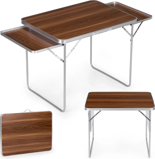 MultiGarden πτυσσόμενο τραπέζι κάμπινγκ 120 × 60 cm με 2 πλαϊνά ράφια, καφέ