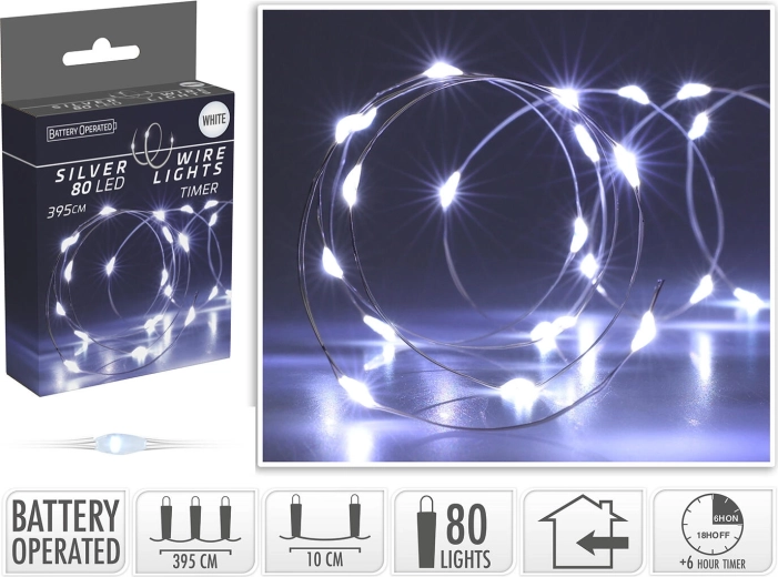 Χριστουγεννιάτικη φωτεινή αλυσίδα LED 3,95 m, 80 LED, ψυχρό λευκό, με μπαταρίες και χρονοδιακόπτη - 1 τεμάχιο