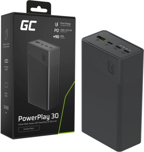 Powerbank 30000 mAh, 22,5 W, 4 θύρες, μαύρη