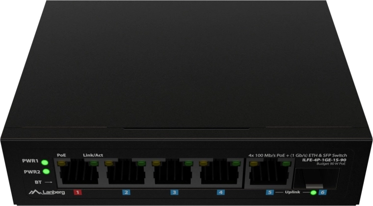 Lanberg ελαφρύς βιομηχανικός PoE switch για ράγα DIN 4× Fast Ethernet + 1× Gigabit uplink + 1× SFP (PoE++ 90 W)