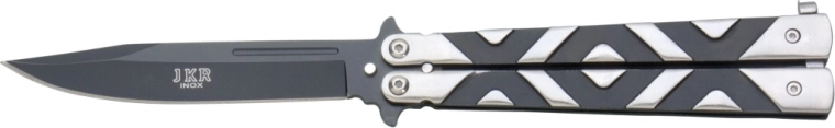 Πτυσσόμενο μαχαίρι τύπου balisong (πεταλούδα) 10,5 cm, μαύρο‑ασημί, λαβή αλουμινίου