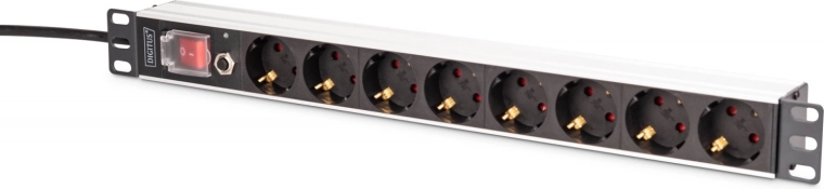Ράγα PDU για rack 19'' με προστασία υπερφόρτωσης, 8 πρίζες Schuko, καλώδιο 2 m, 16 A, αλουμινένια