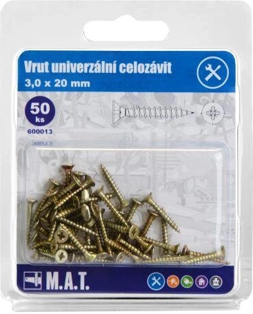 Καθολικές βίδες πλήρους σπειρώματος 3,0 × 20 mm, γαλβανισμένες, 50 τεμ.