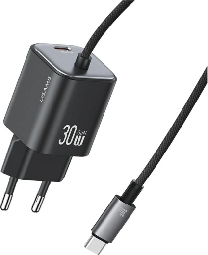 Usams jc series cc264 30 w gan επιτοίχιος φορτιστής με ενσωματωμένο καλώδιο usb-c (μαύρο)