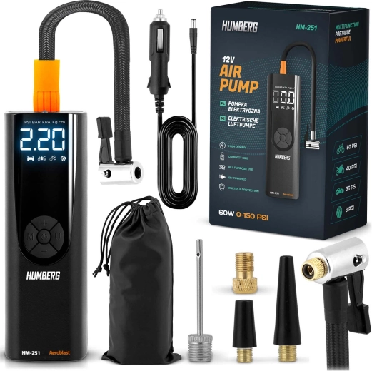Ηλεκτρικός μίνι συμπιεστής HUMBERG HM-251 – φορητή ψηφιακή αντλία αυτοκινήτου με φωτισμό LED