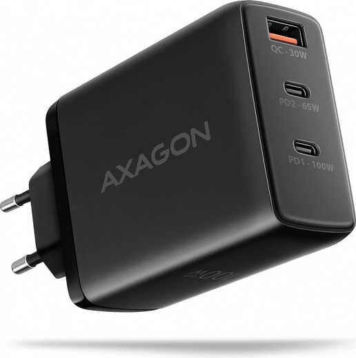AXAGON φορτιστής δικτύου GaN 100 W, 3 θύρες (USB‑A + διπλή USB‑C), μαύρος